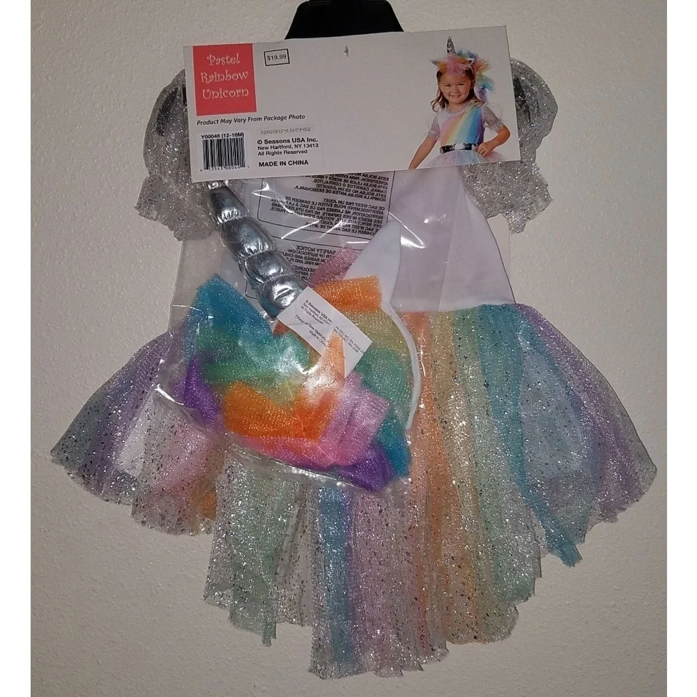 NEW Pastel Rainbow Unicorn Halloween Costume Girls 12-18 Months Dress Headpiece